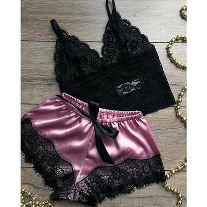 Ensemble de pyjama 2 pièces en dentelle pour femme – Caraco babydoll et short, lingerie de nuit douce