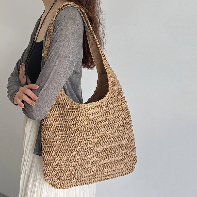 Sac à bandoulière en rotin tressé pour femmes – Grand sac cabas en paille tressée, sac de plage d'été pour femmes, sac de voyage décontracté pour les vacances, le shopping et un usage quotidien