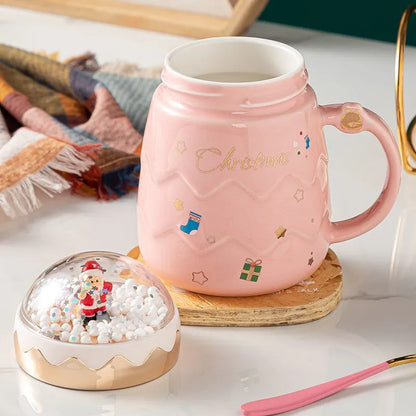 Christmas Couple Ceramic Mug – Creative Santa Claus Figurine Coffee Cup with Lid, Festive Xmas Gift for Home & Office