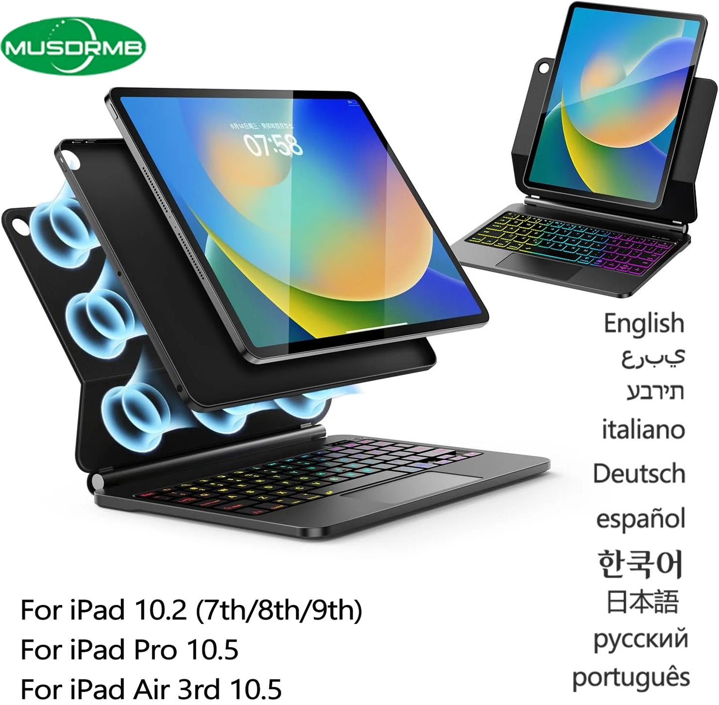 Funda Magic Keyboard para iPad 10.2 (9.ª/8.ª/7.ª generación), iPad Air 3 y iPad Pro 10.5 – Cubierta folio magnética con teclado retroiluminado y soporte flotante