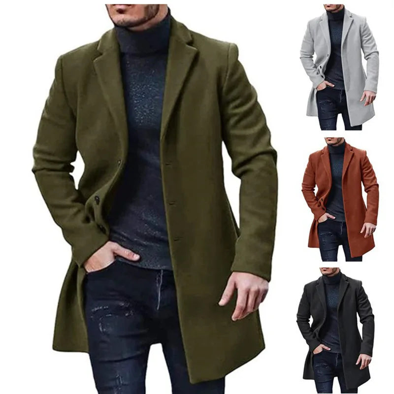 Men’s Mid-Length Woolen Overcoat – Solid Color Warm Coat, Classic Windbreaker-Style Outerwear Available in Multiple Colors