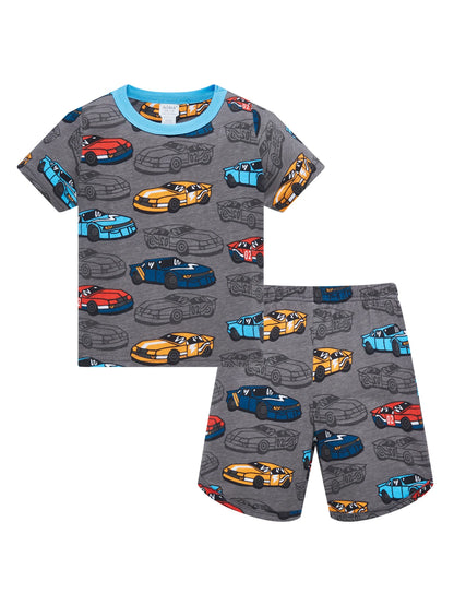 Conjunto de pijama de 2 piezas para niños, 100% algodón, estampado de coches, suave, transpirable, de manga corta, para verano