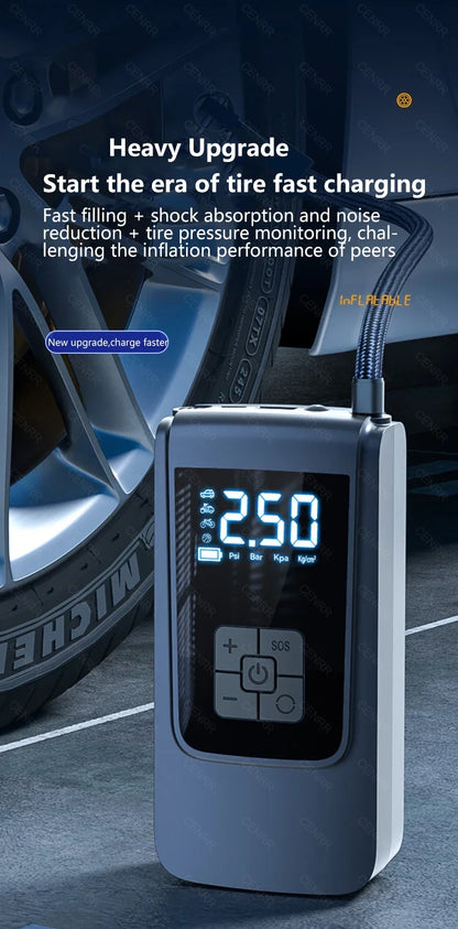 Compresor de aire inalámbrico portátil para inflar neumáticos – Bomba de aire eléctrica digital LCD para coches, motocicletas, bicicletas y balones deportivos