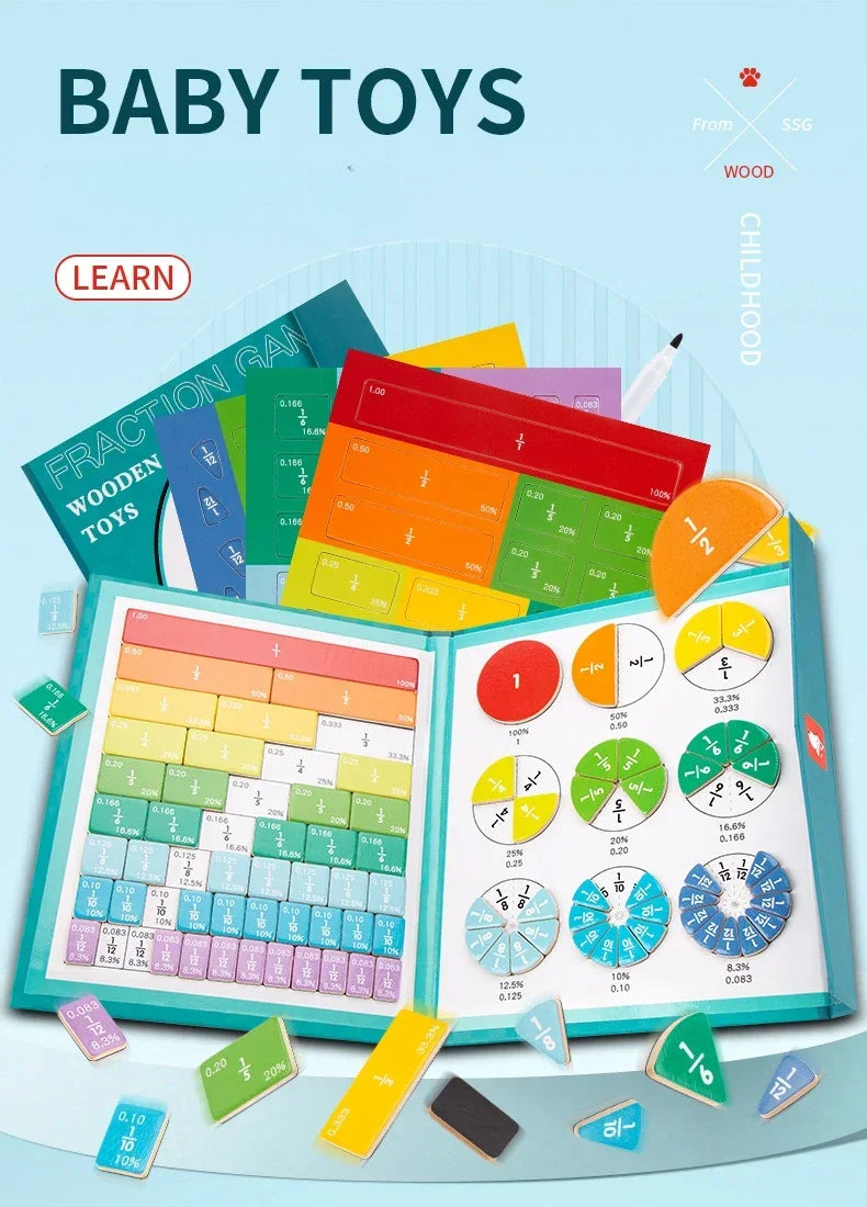Livre d'apprentissage des fractions magnétiques Montessori – Jouet éducatif en bois pour enfants, compétences en arithmétique