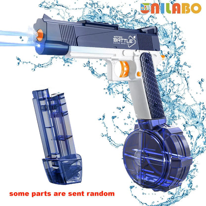 Pistola de agua eléctrica Unilabo M416 – Lanza agua automática a batería con accesorio de botella externa para diversión veraniega al aire libre para niños y adultos