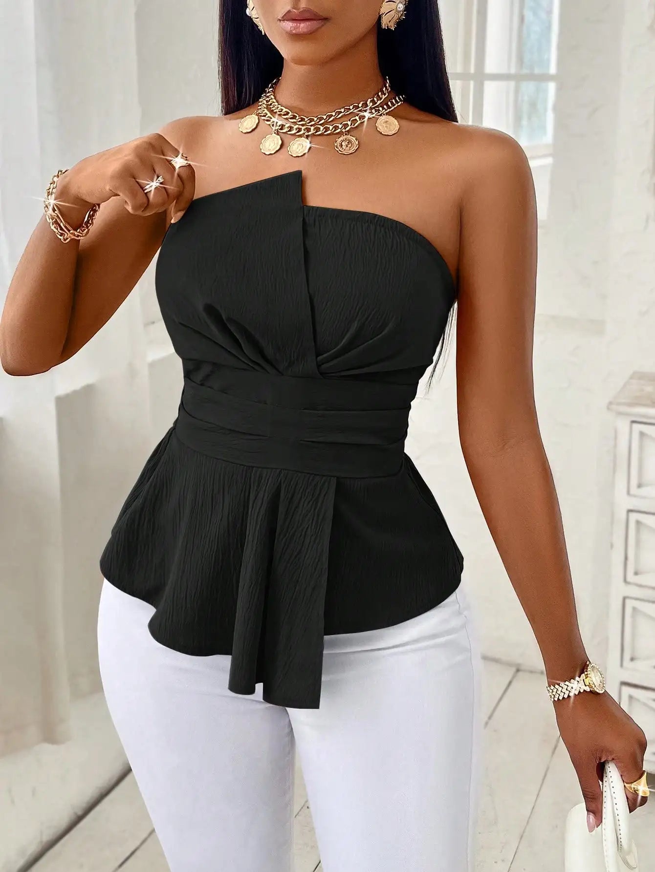 Top Peplum Strapless para Mujer – Elegante Blusa Cruzada con Cinturón para Vacaciones, Oficina y Uso Casual