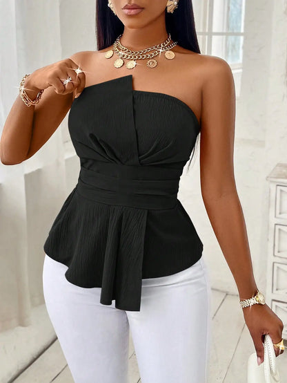 Top Peplum Strapless para Mujer – Elegante Blusa Cruzada con Cinturón para Vacaciones, Oficina y Uso Casual