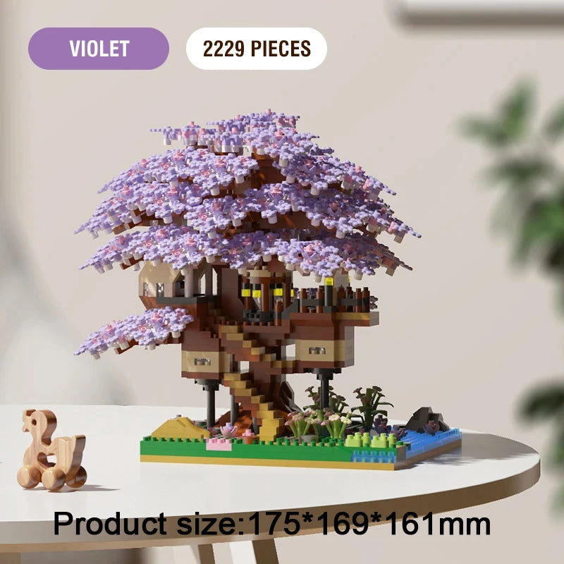 DIY Sakura Tree Building Blocks Set – Cherry Blossom Treehouse Model with LED Lights Romantic Gift Decor