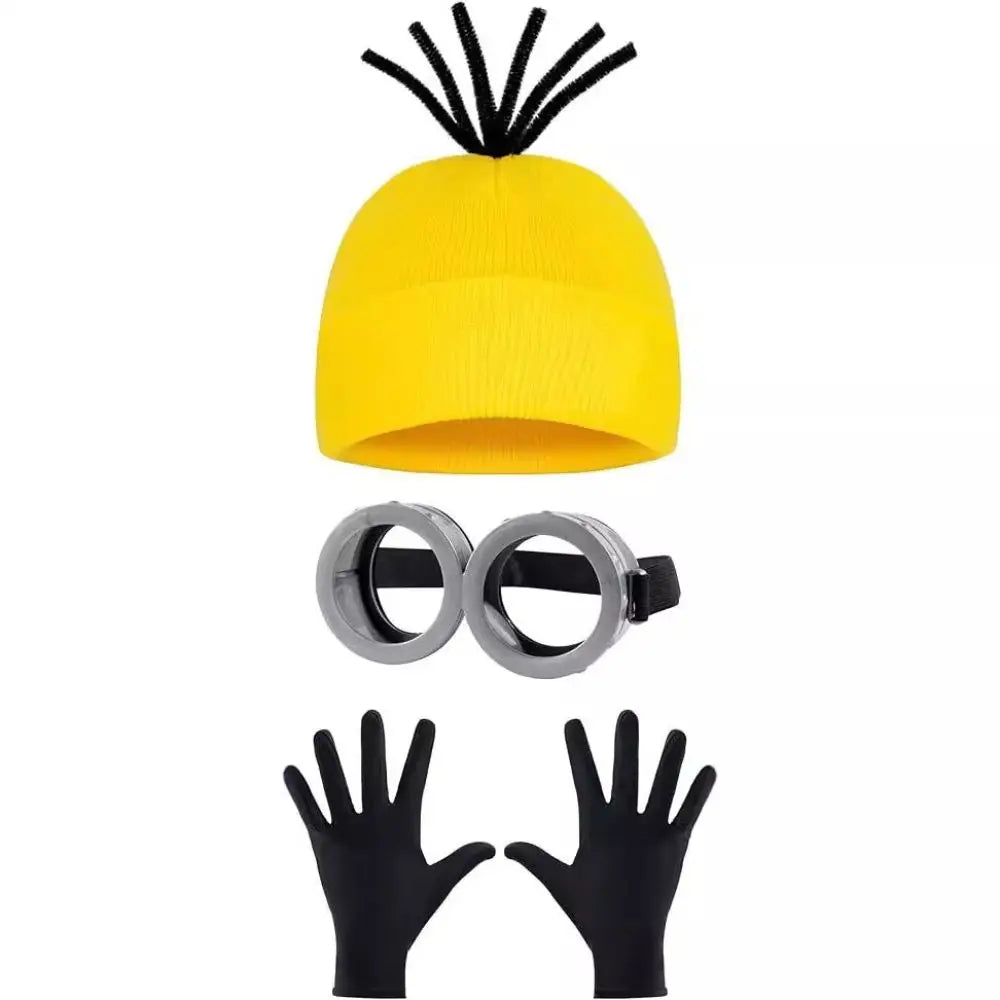 Cartoon Cosplay Costume Set – Yellow Beanie, Stretch Gloves & Steampunk Goggles (Adult & Kids Halloween Outfit)