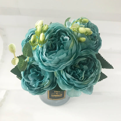 Bouquet de pivoines artificielles roses 30 cm – Fleurs en soie synthétiques avec 5 grandes fleurs et 4 bourgeons pour décoration de mariage, décoration intérieure, arrangements floraux et projets DIY