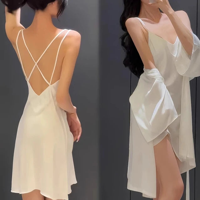 Women’s 2PCS Sleepwear Set – Backless Suspender Nightgown & Long Robe Elegant Sexy Loungewear Dress