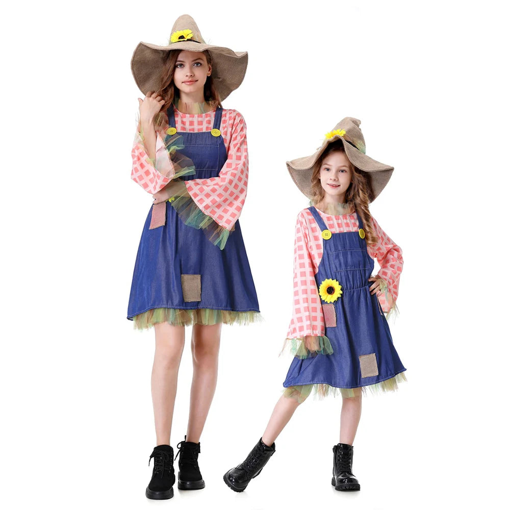 Parent-Child Pioneer Girl Cosplay Costume – Colonial Floral Village Dress with Hat for Kids Halloween, Carnival & Dress-Up Role Play