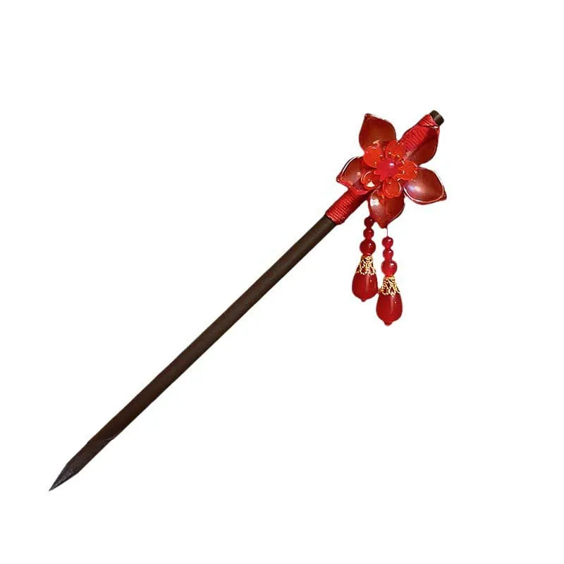 Vintage Chinese Wooden Hair Stick with Red Flower – Hanfu Hairpin Hair Fork for Women