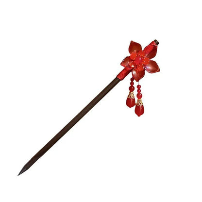 Vintage Chinese Wooden Hair Stick with Red Flower – Hanfu Hairpin Hair Fork for Women