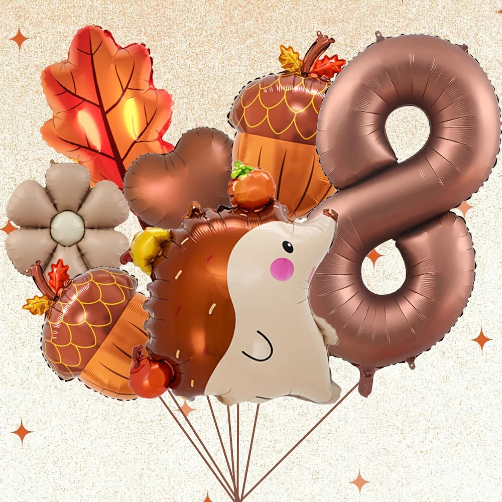 7PCS Autumn Pinecone & Hedgehog Balloon Set – 40-Inch Number Balloons 1–9 for Birthday, Thanksgiving Party Decor & Photo Props