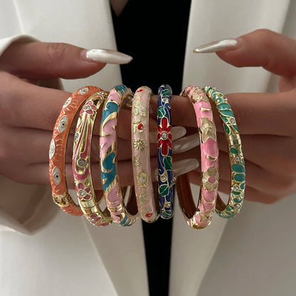 Elegante pulsera de esmalte de flores con circonitas – Pulsera retro chapada en oro con ojo turco floral para mujer | Joyería de moda para fiesta