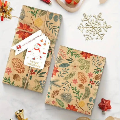 1 Roll 10M Christmas Kraft Gift Wrapping Paper – Large Size Plant Leaf & Flower Design for DIY Gift Packaging, Holiday Decor & Crafts