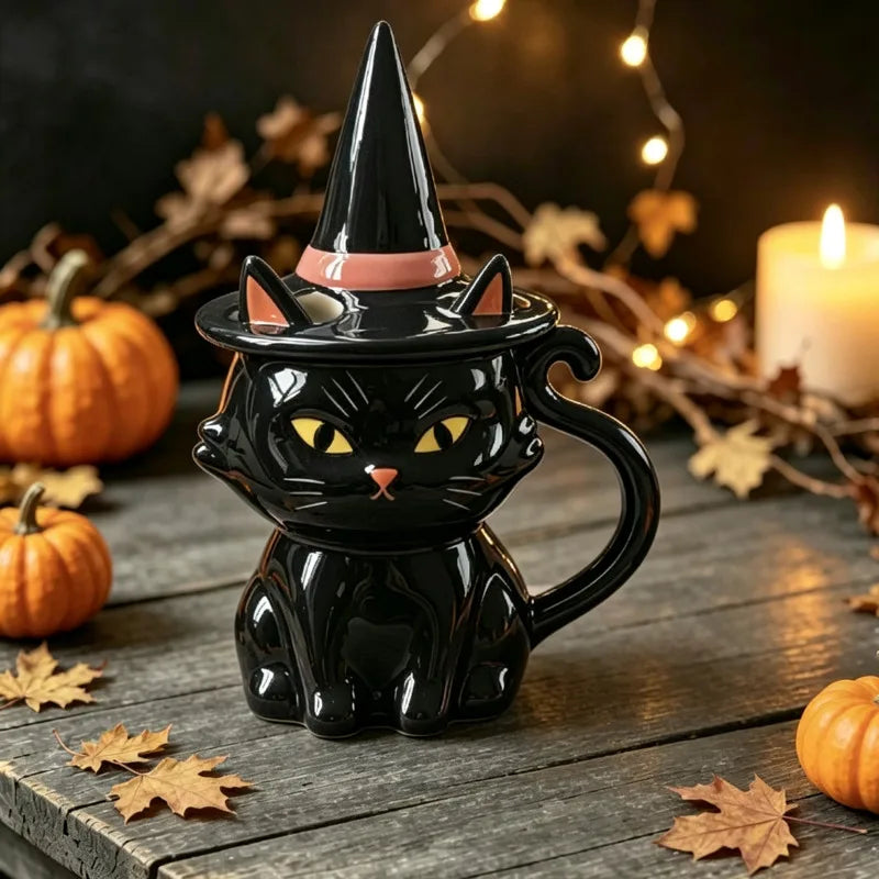 Black Cat Halloween Ceramic Mug – Cute Witch Hat Lid Coffee & Tea Cup for Home, Dorm & Parties, Cat Lover Gift