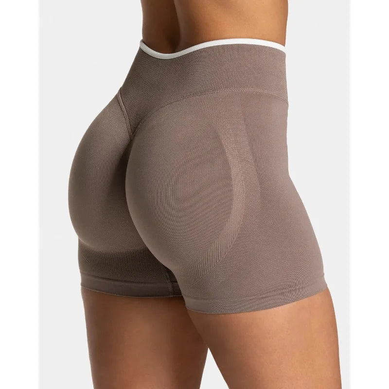 Women’s Seamless High Waist Gym Shorts Color Block Hip Lifting Yoga Running Sports Tight Shorts