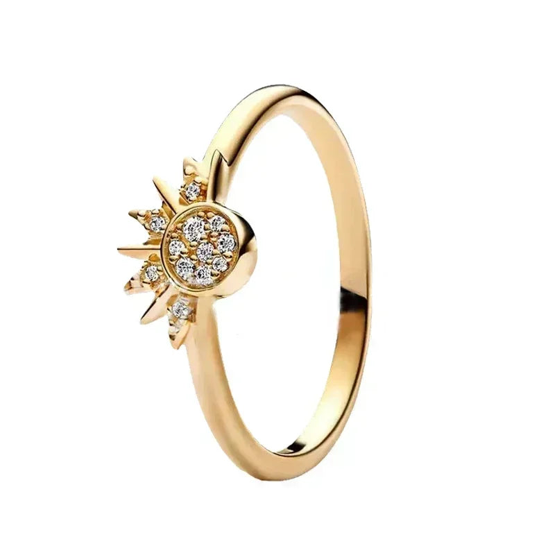 Anillo de moda ajustable con corona de corazón de plata de ley 925 chapado en oro con purpurina para mujer