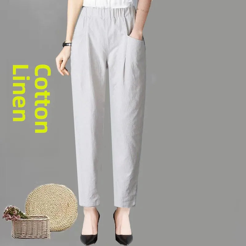 Women's Summer Cotton Harem Pants – Lightweight Loose High-Waist Cropped Trousers, Korean-Style Casual Plus Size Pants