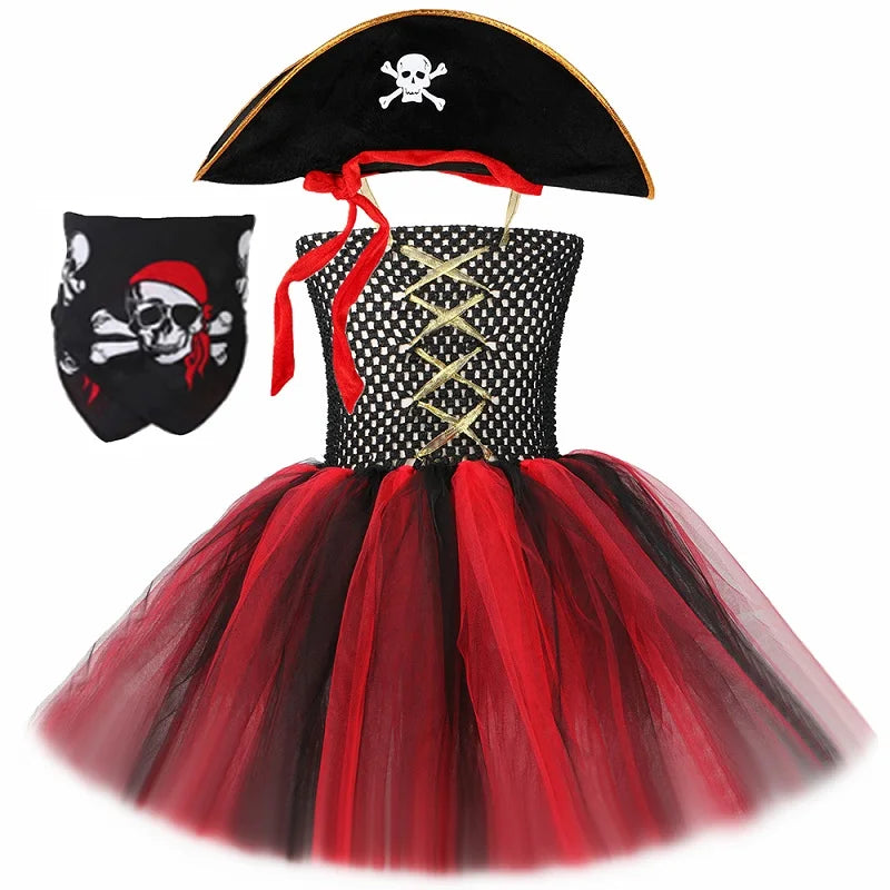 Girls' Pirate Costume Dress Black and Red Tulle Tutu Princess Outfit for Kids, Toddler Halloween Carnival Party Dress-Up Clothes