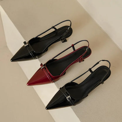 Zapatos de tacón slingback de charol para mujer – Zapatos de vestir de tacón medio con hebilla y punta fina, elegantes sandalias de verano sin cordones