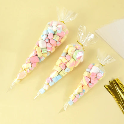 50 bolsas de celofán transparentes con forma de cono – Bolsas de plástico transparentes para palomitas, dulces, baby shower, regalos de boda y empaques de regalo