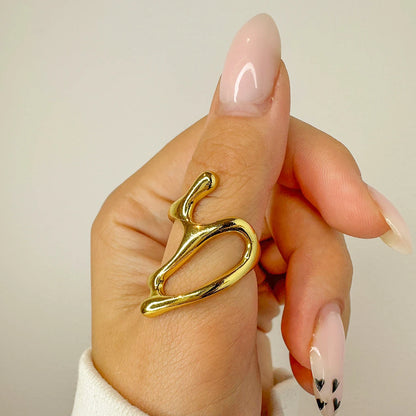 Bague creuse ajustable plaquée or 18 carats - Bague de mode minimaliste en acier inoxydable pour femme