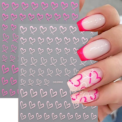 8-Sheet 3D Heart Nail Stickers – Cute Pink Black White Gold Self-Adhesive Nail Art Decals (8×10cm)
