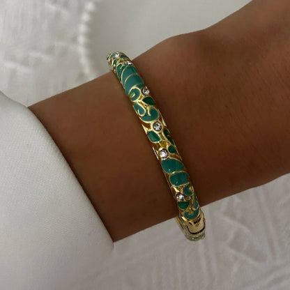 Elegante pulsera de esmalte de flores con circonitas – Pulsera retro chapada en oro con ojo turco floral para mujer | Joyería de moda para fiesta