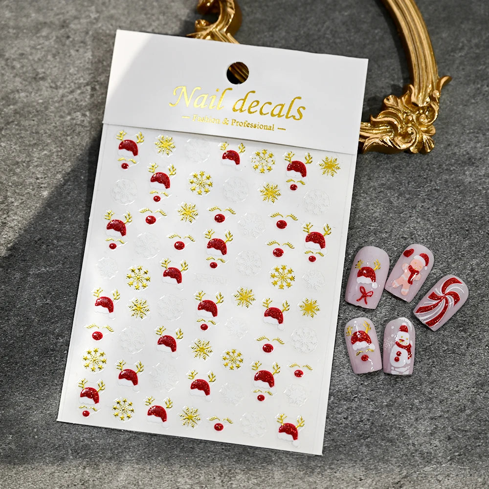 Christmas Nail Art Stickers – Red Glitter Snowflake, Elk & Snowman Self-Adhesive Holiday Manicure Decals (1–12pcs)