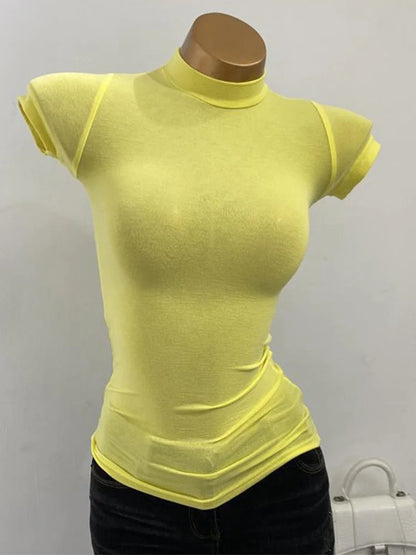 Half High Collar Korean T-Shirt – Transparent Short Sleeve Slim Fit Elastic Inner Top, Solid Color Bottoming Shirt for Women, Stylish Layering & Fashion Casual Wear