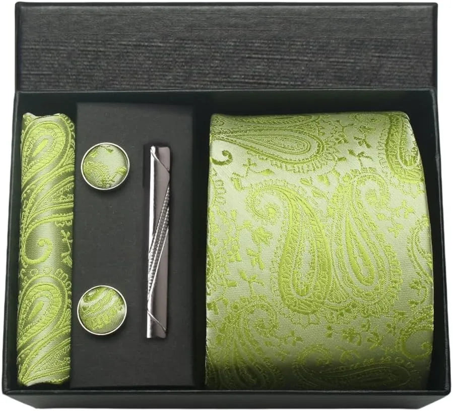 Corbata de seda 100% con diseño floral de Paisley para hombre con pañuelo de bolsillo, pasador de corbata y gemelos en caja de regalo