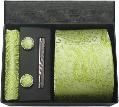 Corbata de seda 100% con diseño floral de Paisley para hombre con pañuelo de bolsillo, pasador de corbata y gemelos en caja de regalo