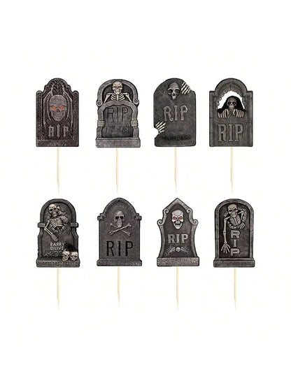 Multi-Piece Halloween Cupcake Toppers – Tombstone & Graveyard Cake Decorations with Novelty Mini Shovel Spoons for Halloween Parties