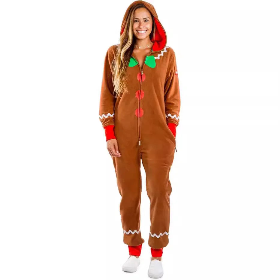 Gingerbread Christmas Costume Hooded Zipper Jumpsuit for Men, Women and Kids, Long Sleeve Holiday Cosplay Outfit for Christmas Parties, Theme Events and Dress-Up Role Play