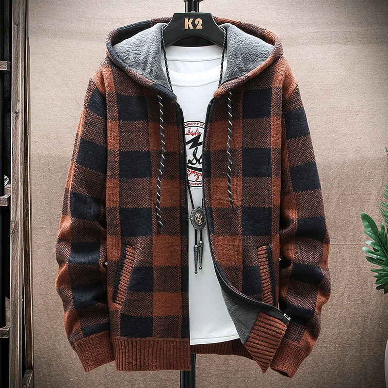 Men's Winter Plaid Hooded Cardigan Sweater Jacket Fleece Lined Warm Zipper Coat Checkered Knit Jumper for Autumn and Winter