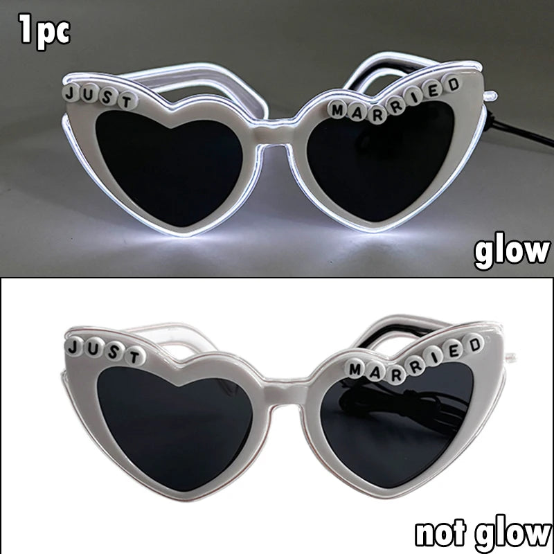 Just Married LED Heart Glasses – Light-Up EL Neon Glasses for Weddings, Engagements & Bridal Showers