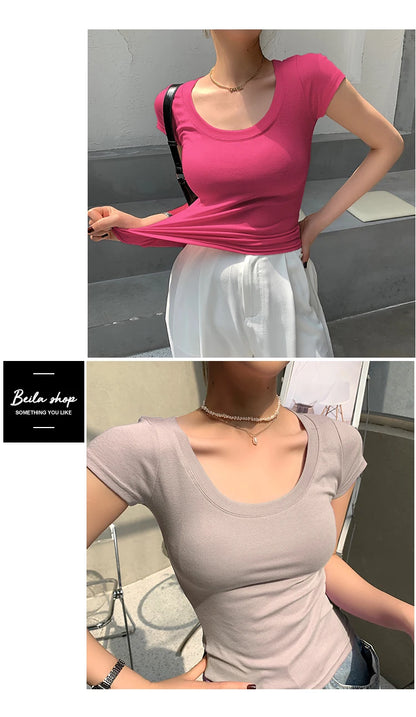 2026 Summer Women’s 100% Cotton Slim T-Shirt Casual Basic O-Neck Solid Korean Style Tee 16 Colors