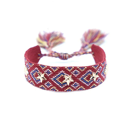 Bohemian Star Tassel Bracelet – Handmade Woven Alloy Gold Rivet Wrist Strap for Women | Ethnic Fashion Jewelry Gift