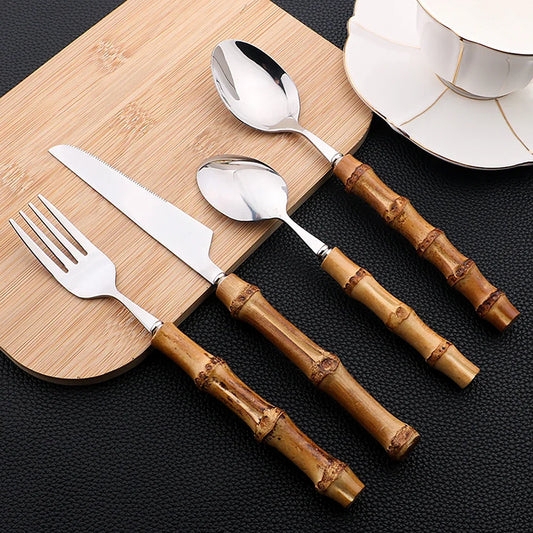 Juego de Cubiertos de 24 Piezas con Mango de Bambú – Juego de Cubiertos de Acero Inoxidable con Mangos de Madera Natural, Utensilios de Vajilla para Cocina, Comedor, Carne y Mesa