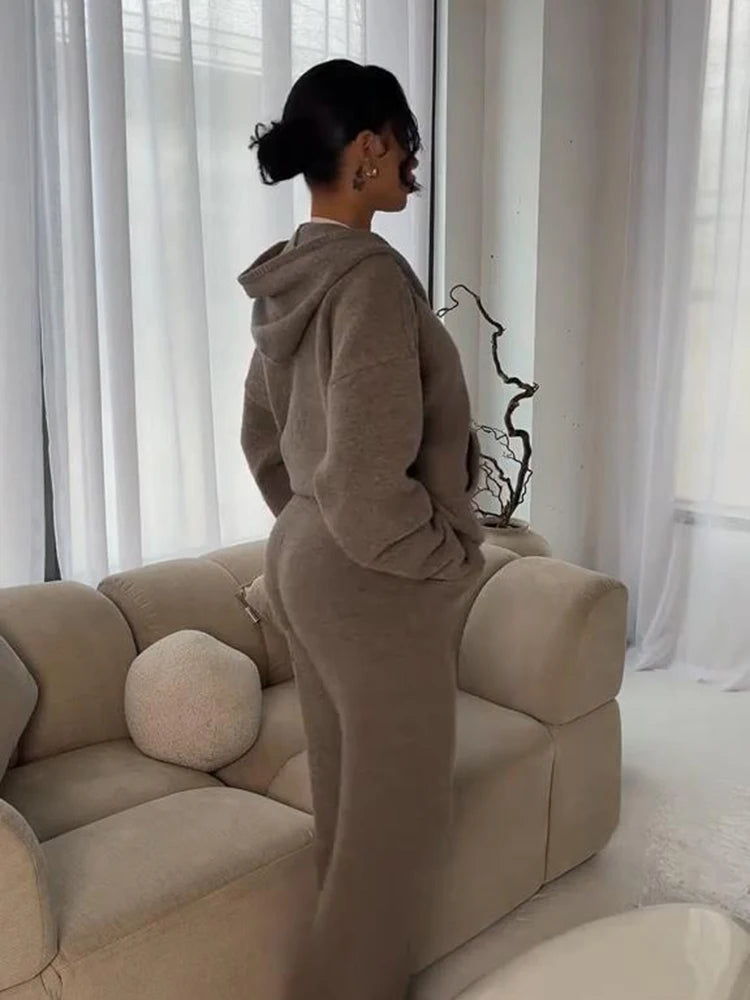 Women’s Hooded Knit Tracksuit 2-Piece Set – Casual Knitted Jacket & Pants Trousers, Cozy Two-Piece Outfit for Everyday Wear