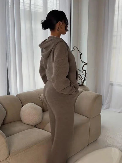 Women’s Hooded Knit Tracksuit 2-Piece Set – Casual Knitted Jacket & Pants Trousers, Cozy Two-Piece Outfit for Everyday Wear