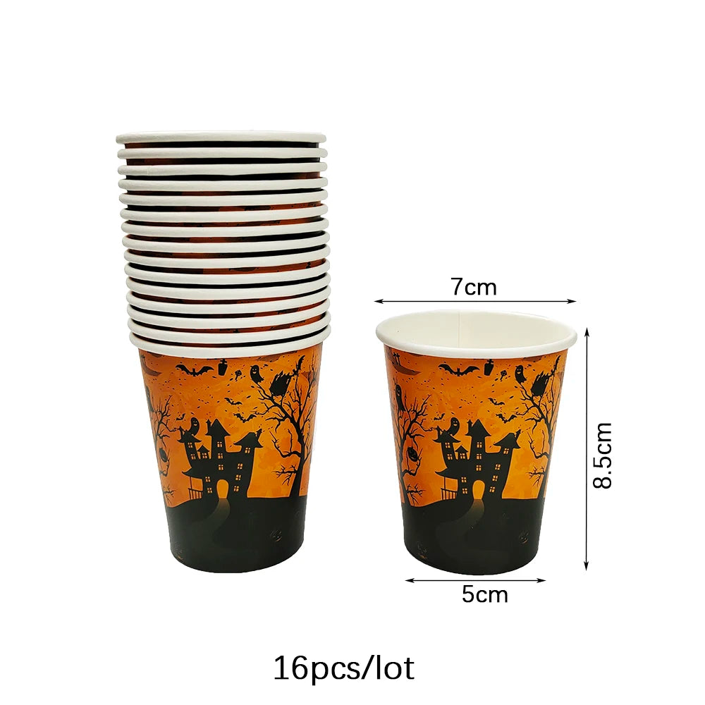 Halloween Disposable Tableware Set 2026, Pumpkin-Themed Paper Plates, Cups, Napkins and Tablecloth, Halloween Party Supplies, Spooky Dining Table Decorations for Home and Parties