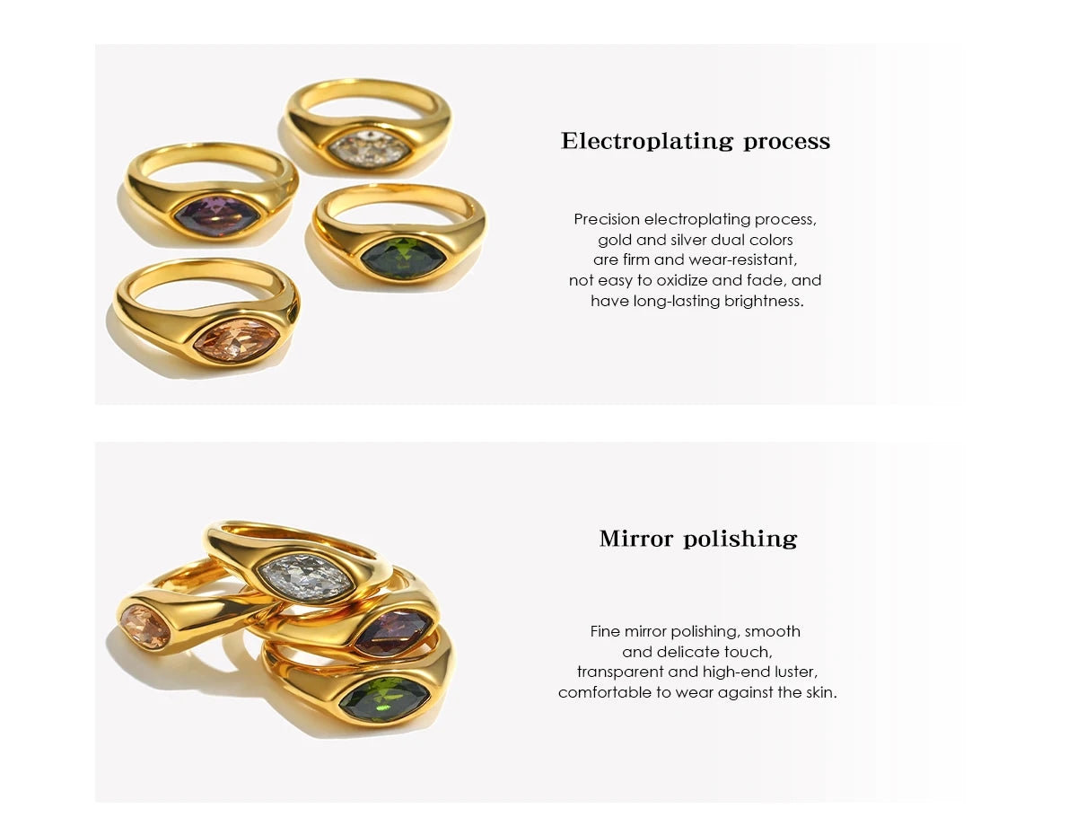 18K Gold Plated Horse Eye Zircon Signet Ring – Hypoallergenic 316L Stainless Steel Colorful Statement Ring for Women