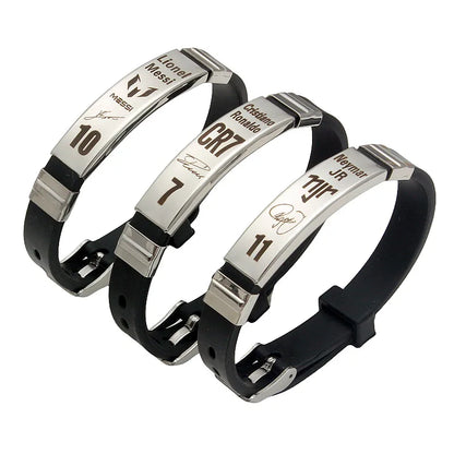 Pulsera de fútbol de acero inoxidable y silicona – Regalo para fans de Messi, Ronaldo y Neymar para hombres y niños