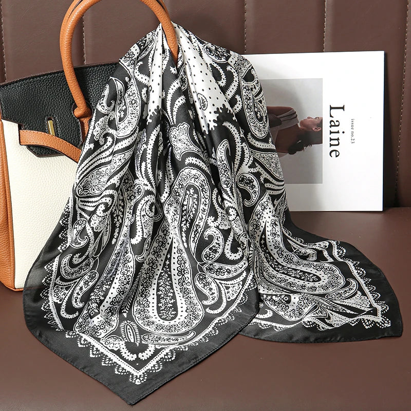 Bohemian Style Print Luxury Brand Silk Square Scarf Women Satin Shawls Neckerchief Wrap Scarves Bandana Hair Hjiab Floral