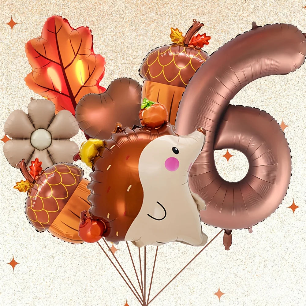 7PCS Autumn Pinecone & Hedgehog Balloon Set – 40-Inch Number Balloons 1–9 for Birthday, Thanksgiving Party Decor & Photo Props