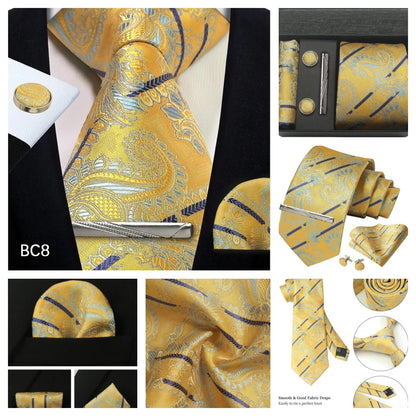 Corbata de seda 100% con diseño floral de Paisley para hombre con pañuelo de bolsillo, pasador de corbata y gemelos en caja de regalo